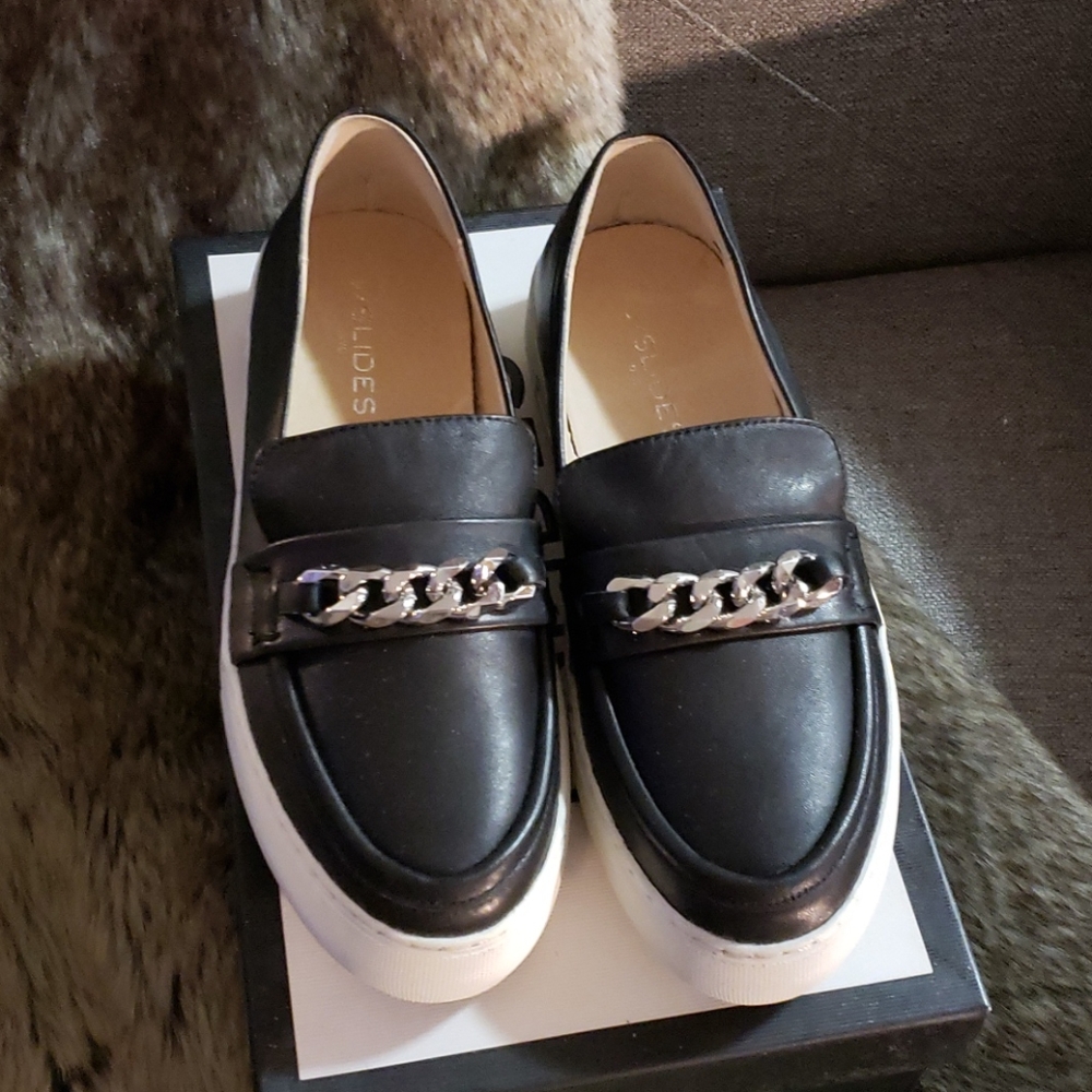 NWT JSlides Piper Black Leather Flatform Loafers
